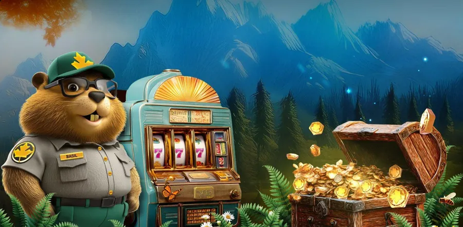 A Grizzly’s Quest bear beside a slot machine and a treasure chest
